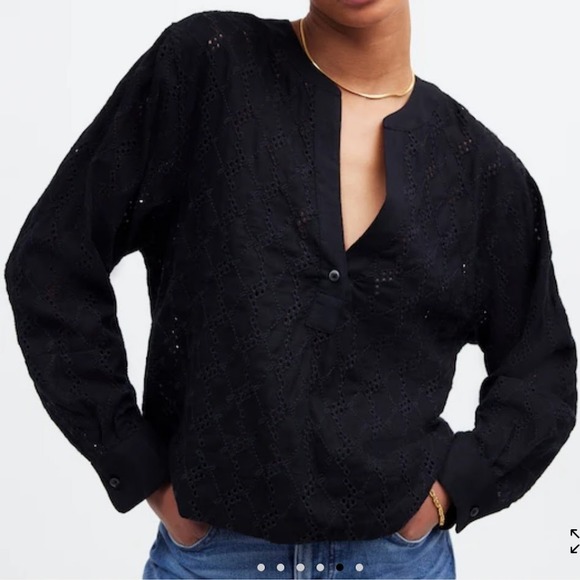 Madewell Long Sleeve Eyelet Popover Top in Eyelet Black Size Medium Linen Blend - Picture 1 of 8